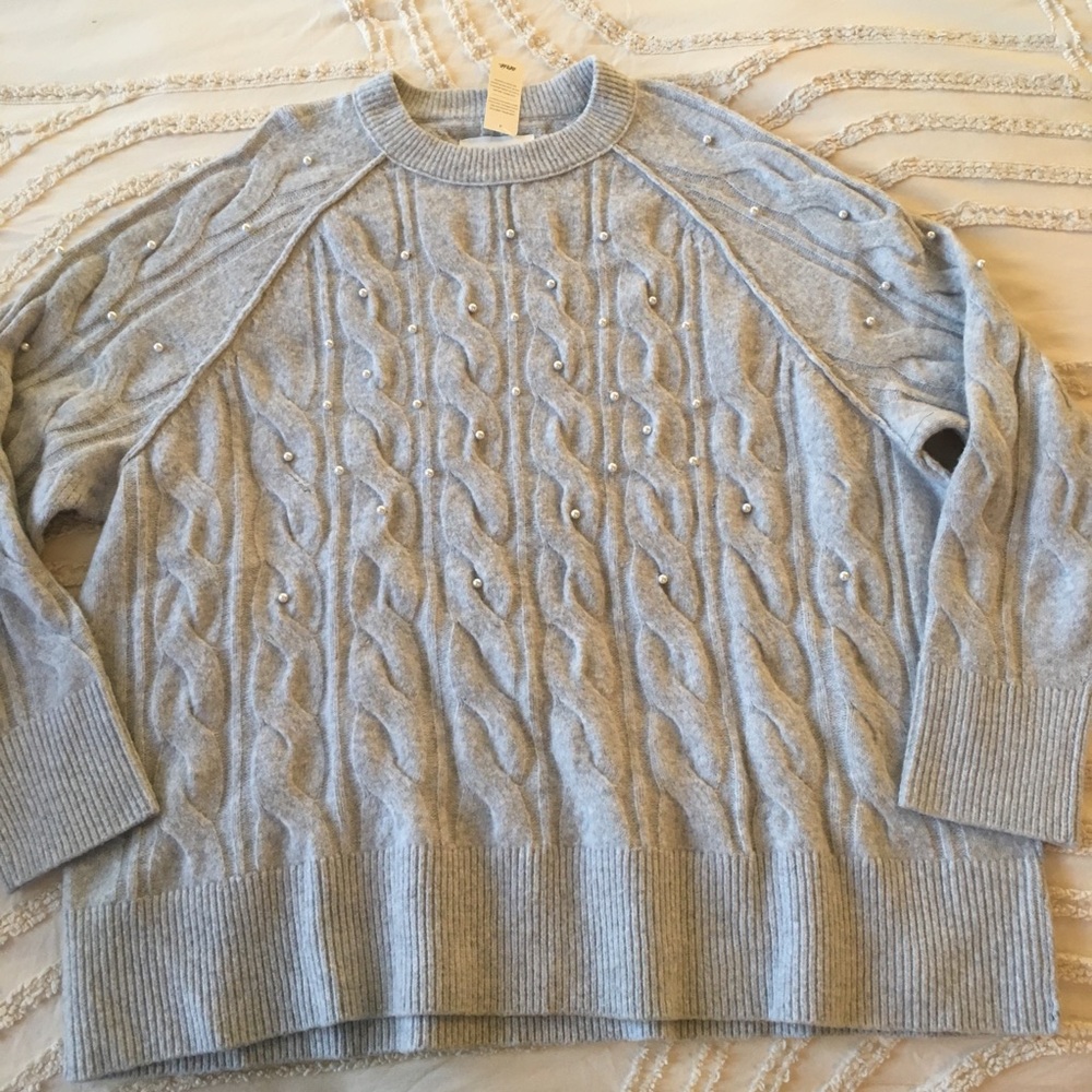 aerie Light Gray Pearl-Embellished Cable Knit Crewneck Sweater M - Picture 6 of 9